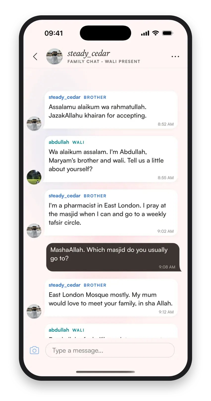 A Sunni Marriage group chat where the sister's wali introduces himself