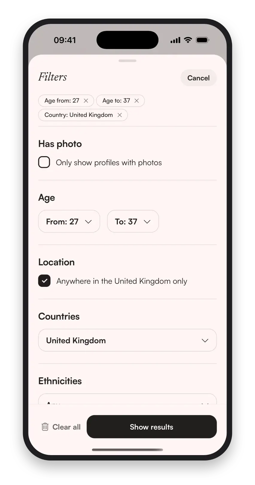Sunni Marriage search filters set by age range and country