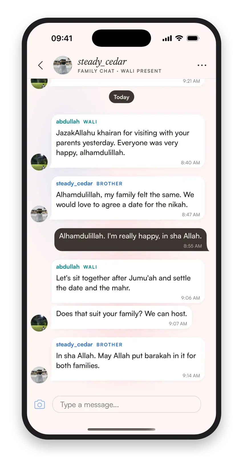 The families agreeing a date for the nikah in a Sunni Marriage group chat