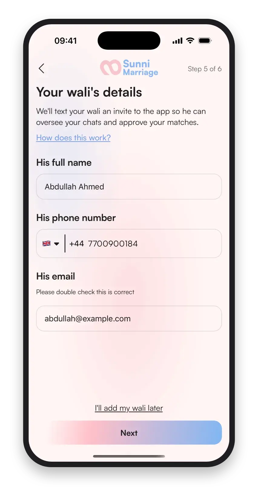 Adding a wali's name, phone and email when signing up to Sunni Marriage