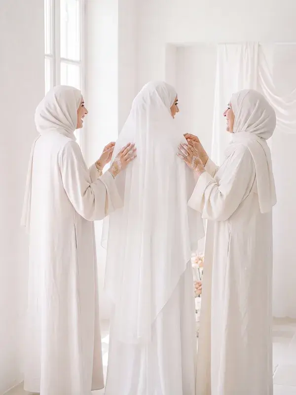 A bride in white, her mother and sister adjusting her veil on the wedding morning