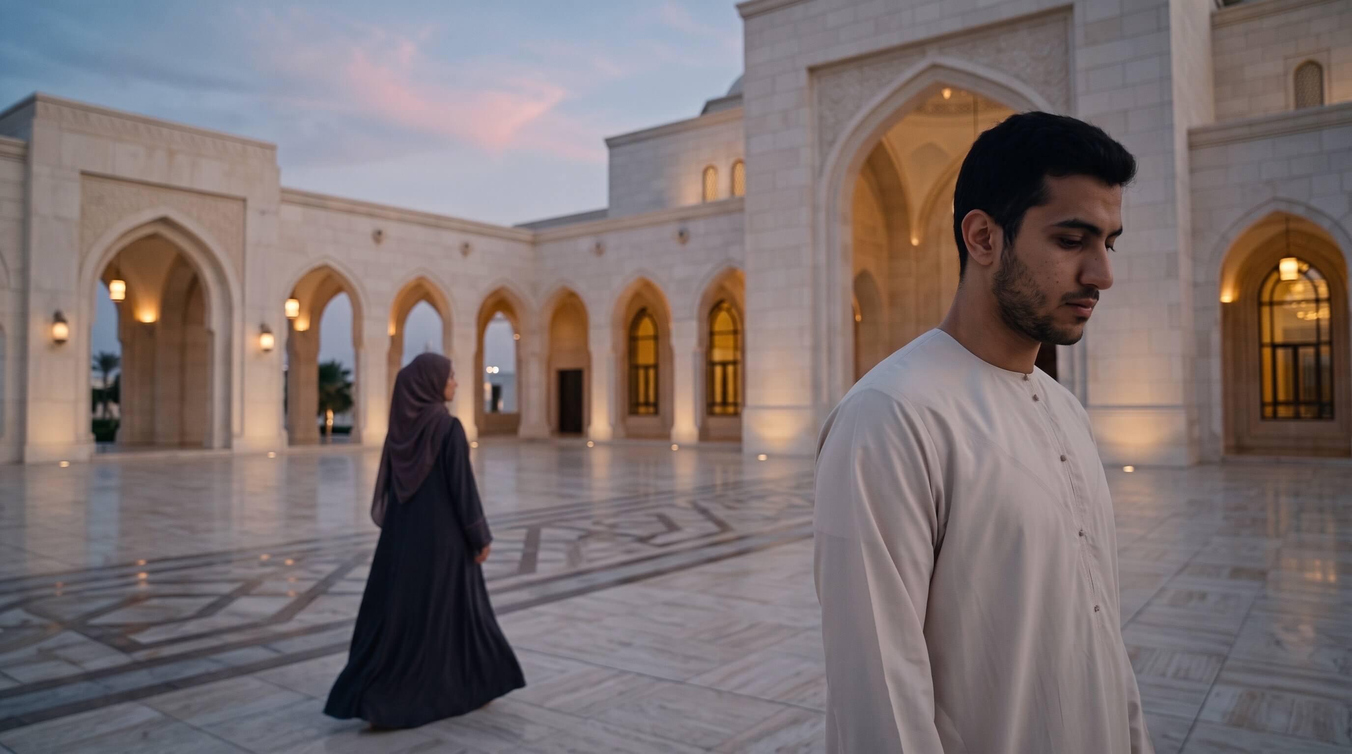 A young Muslim man and a woman in an abaya walking apart across a mosque courtyard at dusk